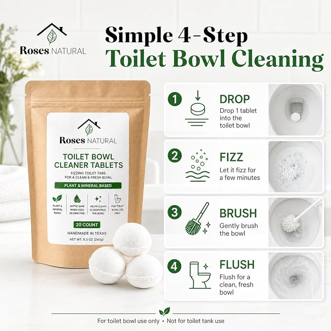 Toilet Bowl Cleaner Tablets, 20 Count – Removes Hard Water Rings, Stains & Odors | Bleach-Free, Plant-Based & Septic Safe | 7 Scents | Handmade in Texas (Clean Linen)
