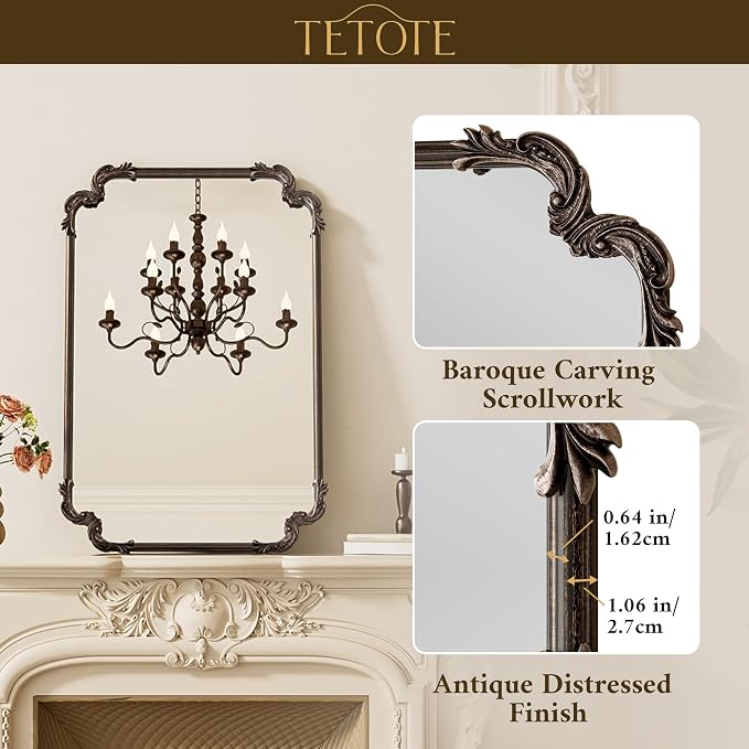 Baroque Antique Bronze Scroll Wall Mirror 42 x 36 Vintage Rectangle Framed Baroque French Rectangular Mirror for Mantle Fireplace Bathroom Living Room, Horizontal/Vertical