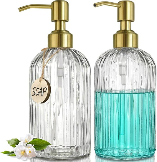 JASAI 2PACK 18Oz Fluted Glass Soap Dispenser with Golden Rust Proof Pump | Refillable Kitchen Soap Dispenser with Vertical Stripe, Bathroom Soap Dispenser for Hand Soap, Dish Soap, liquid Soap, Lotion