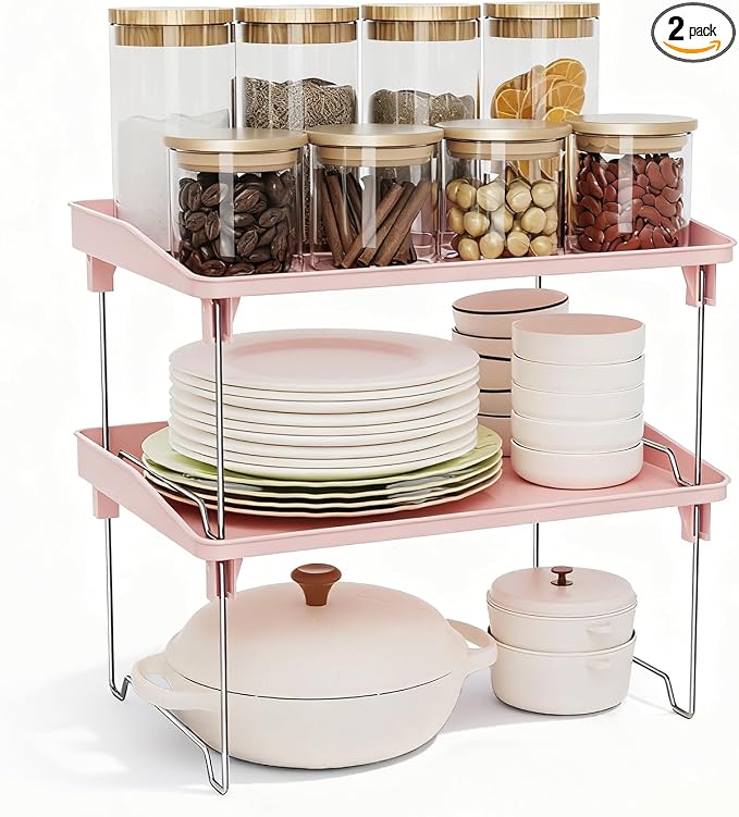 STARLATTA 2 Pcs Cabinet Organizer Shelf，Stackable Kitchen Counter Shelves, Spice Rack,Countertop Organizers，Pink Plastic Storage Shelves Rack for Makeup，Bathroom, Cupboard，Desk，Pantry Organization