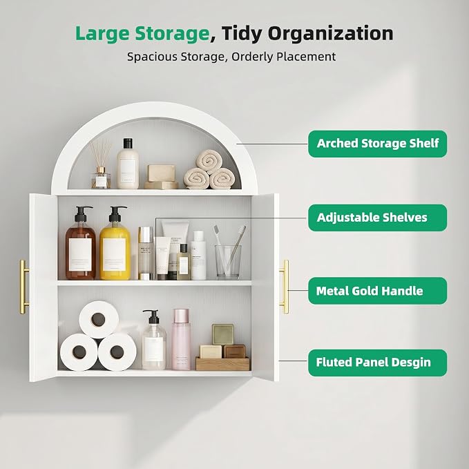 Kalrin Arched Wall Cabinet, Large Wood Bathroom Cabinet Wall Mounted Cupboard, Modern Floating Storage Cabinet with Acrylic Door Adjustable Shelf, Wood Organizer White