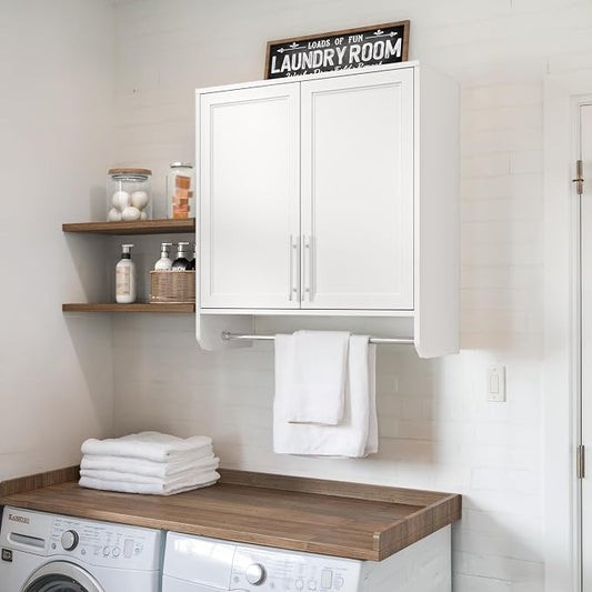 FIMELLO 29.5’’ Wall Cabinet with Hanging Rod, Laundry Room Cabinets Wall Mounted, Bathroom Wall Cabinet, Adjustable Shelf, Shaker Door, White