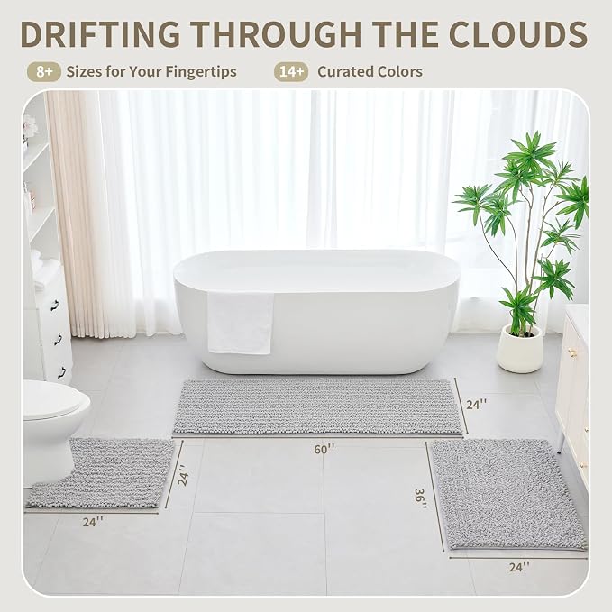 Bathroom Rugs Non Slip Washable 70x24, Extra Thick Soft Chenille Absorbent Bath Mat, High Density Barrier Non Slip Backing, Quick Dry Plush Shaggy Floor Carpet for Tub&Shower, Silver