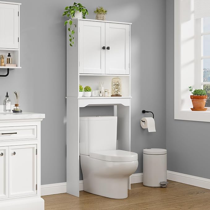 RRX Over The Toilet Storage Cabinet, Bathroom Above Organizer (Pure White) | Free Standing Toilet Rack with Adjustable Shelf and Open Storage, Double Doors, Space Saver, 24.8" L x 9.1 "W x 65.7 "H