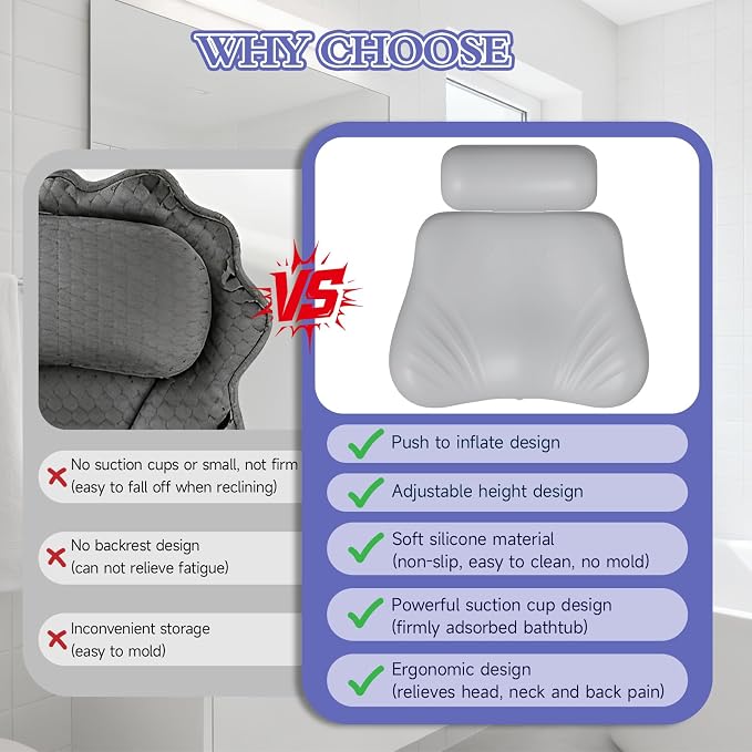Silicone Bath Pillow, Upgraded Bath Pillows for Tub, Adjustable Height Bathtub Pillow for Head and Neck, 4D Luxury Tub Pillow Skin-Friendly Large Suction Cups Stability, Spa Relaxation-Grey