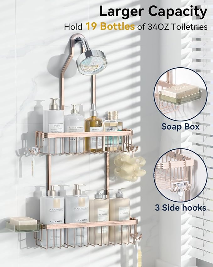 Never Rust Shower Caddy Hanging, Aluminum Shower Racks for Inside Shower, 2-Tier Shower Organizer Hanging Over Shower Head with Hooks and Soap Holder, Rose Gold