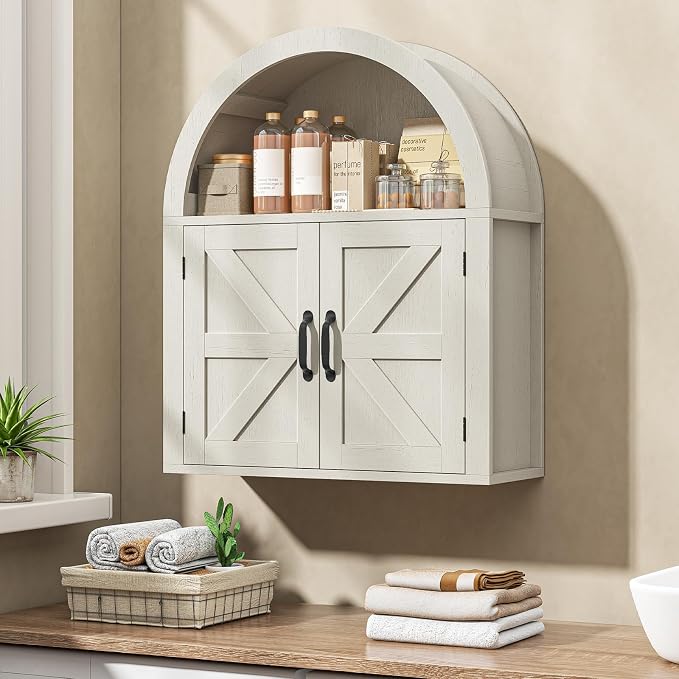 Arched Bathroom Wall Cabinet, Rustic White Farmhouse Cabinet, 23.6 x 28.7'' | Medicine Cabinet with Barn Door and with Adjustable Shelf, Wooden Storage Cabinet Wall Mounted for Bathroom Laundry Room