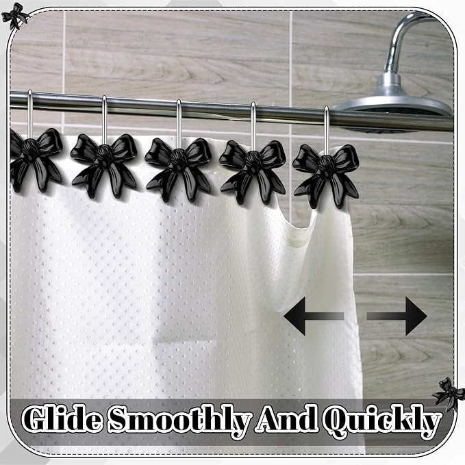 Yaocom 12 Pcs Black Bow Shower Curtain Hooks Christmas Rustproof Metal | Decorative Bow Knot Design Rings, Smooth Glide, Bulk Set for Bathroom Bedroom Living Room Art Decor, Classic Style Hangers