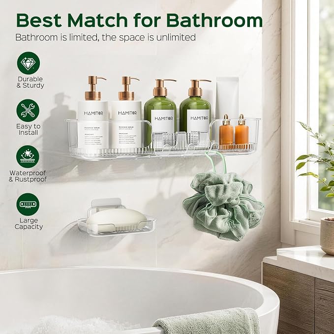 HAMITOR 2 Pack Adhesive Shower Caddy, Clear Transparent Shower Organizer | Modern Clear Design, Waterproof Adhesive Setup, Quick Drainage Shelves, Perfect for Homeowner, Apartments & Stylish Bathrooms