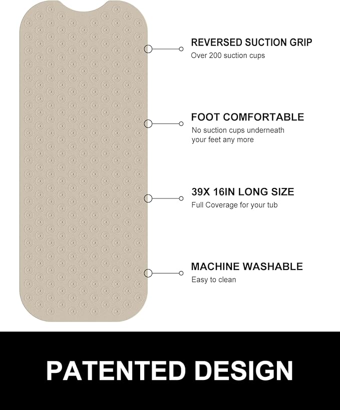 OTHWAY Bathtub Mat Non Slip, 39X16 inch Bath Mat for Tub, Machine Washable Bath Tub Mats with Reverse Suction Cups, Comfortable Rubber Bathtub Mat for Bathroom (Brown)