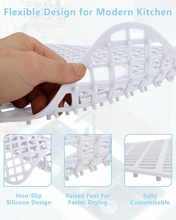 2 Pack Silicone Sink Protectors for Kitchen Sink, Trellis 13x11 White | Heat-resistant Non-Slip and Durable Silicone Grid Mat, 13-9/16" x 11-5/8" Rear Drain
