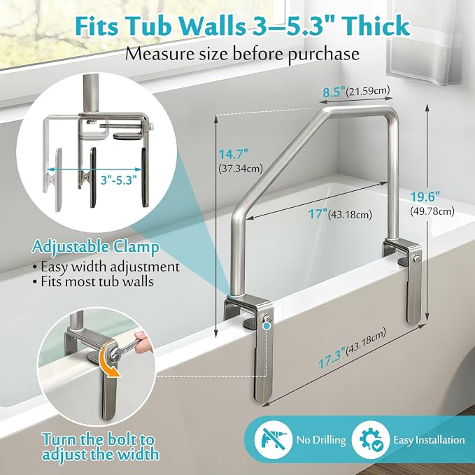 Bathtub Rail Safety Grab Bar, Clamp on Tub Handles for Seniors, Adjustable Bath Tub Rails for Elderly Adults Support Bars Shower No Drill, Handicap Bathtub Helper Railing for Side of Tub