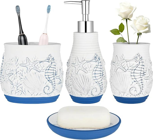 Beach Theme Bathroom Accessory Sets 4PCs Bathroom Set Complete Embossed Seashell Starfish Design Includes Lotion Dispenser Toothbrush Holder Tumbler Cup & Soal Dish