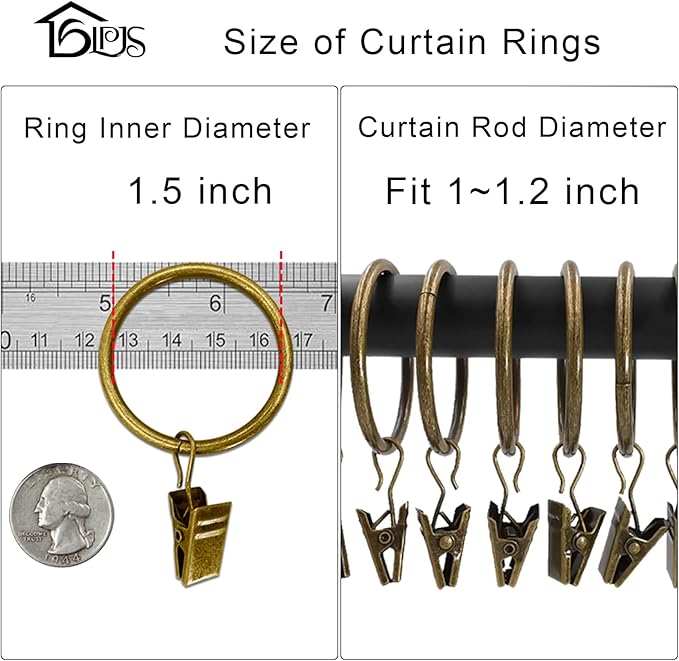 LLPJS 40 Pack Metal Curtain Rings with Clips, Drapery Clips with Rings, Curtain Rod Clips Hooks, Decorative Windows Hanging Curtain Hangers, 1.5 Inch Interior Diameter, Bronze
