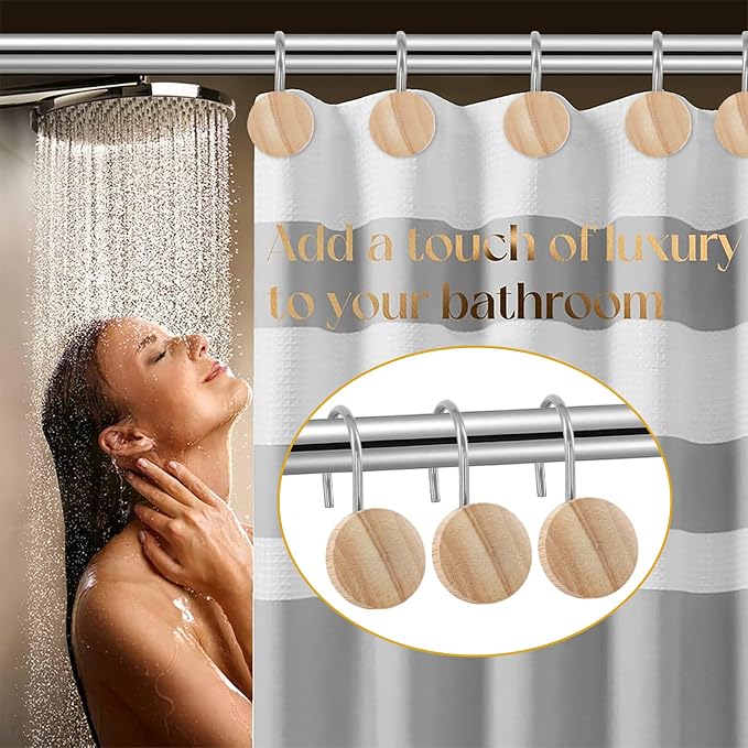 Shower Curtain Hooks, Wood Decorative Shower Curtain Rings, Modern Round Log Shower Curtain Hangers, 12PCS Shower Hooks for Shower Curtain Rod, Bedroom, Living Room (Silvery 1)