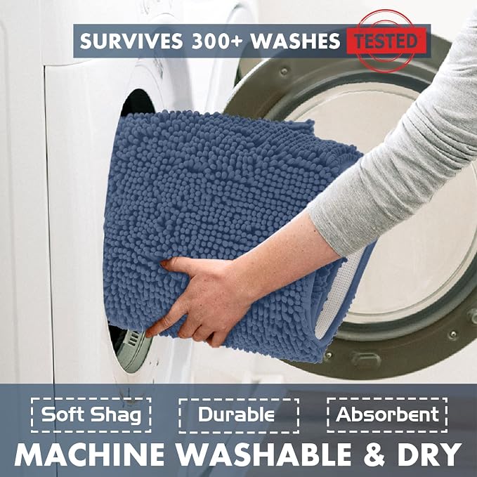 LuxUrux Plush Chenille Runner Rug – Ultra-Soft, Absorbent & Non-Slip Bath Mat for Bathroom, Hallway & More, Machine Washable (27 x 47 inches, Medium Blue)