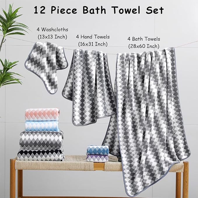 12 Pcs Gray White Diamond Towel Set-4 Bath Towels,4 Hand Towels,4 Washcloths Soft Polyester Towels with Loop Absorbent Shower Towel Quick Dry Beach Chair Towel Family Towels for Bathroom Spa Gym Pool