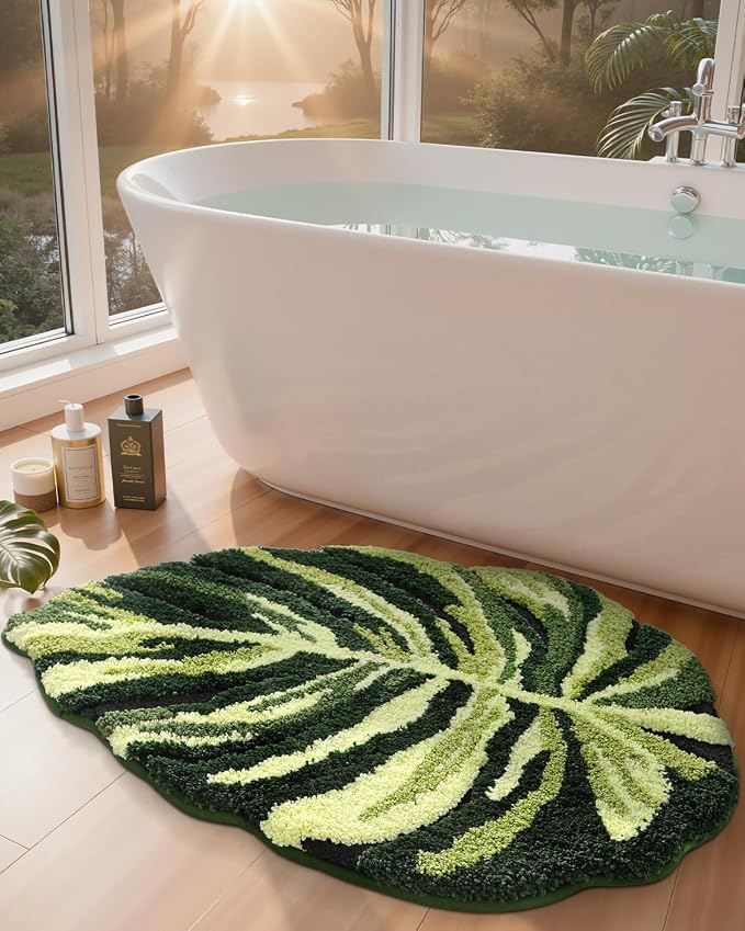 DEXI Cute Bath Mat, Green Leaf Monstera Bathroom Rugs 31.5x23.5 | Soft and Absorbent Microfiber, Non Slip, Machine Washable Bathmat for Shower Floor, Bedroom, Kids Room, Home Decor