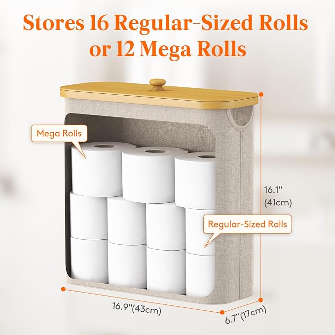 Lifewit Toilet Paper Storage Holder for 12 to 16 Rolls, Free Standing Toilet Paper Basket Stand with Bamboo Lid, Collapsible Fabric Bathroom Organizer Box for Mega Rolls, 30L, Extra Large, Beige