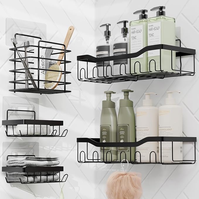 Clara Clark Bathroom Accessories Set - 28PC Bathroom Set with Adhesive Corner Shower Caddy Hanging, Bathroom Sets with Shower Curtain and Rugs, Teal Shower Curtain Set with Bathroom Trash Can