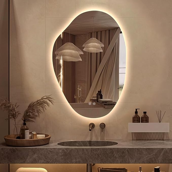 Irregular LED Bathroom Mirror 32 x 22 inch, Frameless Backlit Mirror with Lights Vanity Mirrors for Wall, Asymmetrical Anit-Fog, 3 Color Dimmable, Memory, Horizontal/Vertical