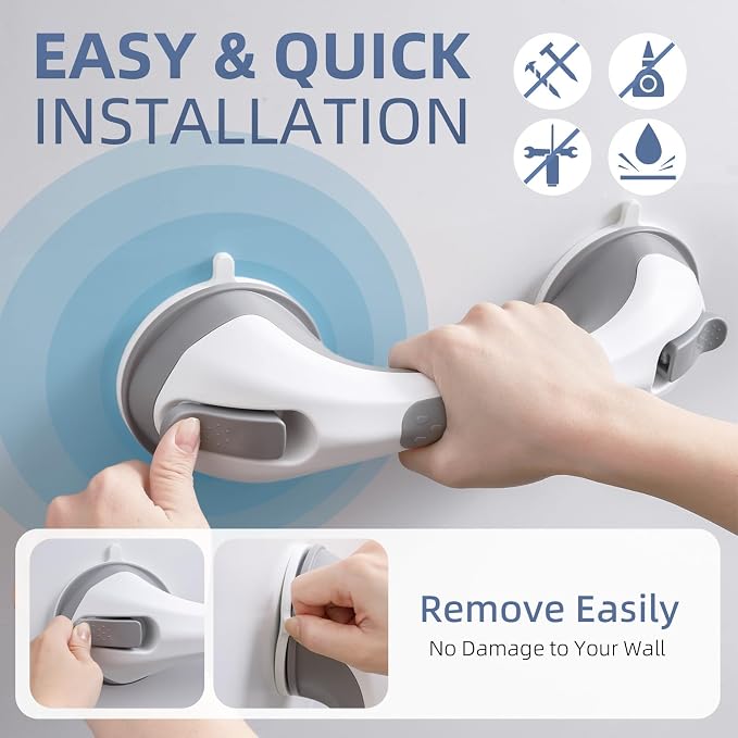 Shower Grab Bars,Suction Shower Handles,2 Pack,12.2",Grey | safety for elderly,seniors,showers,bathtubs&toilet,bathroom grip bar heavy duty rails,no drilling removable waterproof
