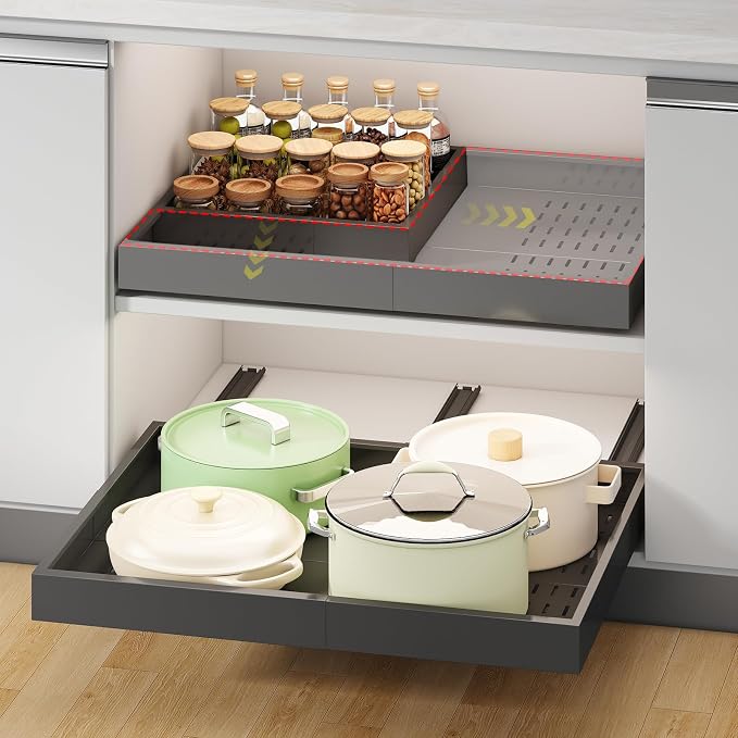 Fokyfok Pull out Cabinet Organizer,14"-21"W, 17"-24"D,Expandable,Adhesive | No Drill,3 Rails,Adjustable Slide out Drawers for Kitchen,Pantry,Roll out Shelves,for Cabinets Without Lip,Bathroom,Black,1PC