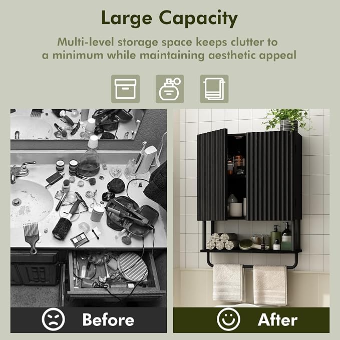 RUSTOWN Fluted Bathroom Wall Cabinet with 2 Doors, 3-Tier Medicine Cabinet | Modern Farmhouse Wall Mounted Cabinets, Over The Toilet Storage Cabinet, Adjustable Shelf and Towel Bar, Medium