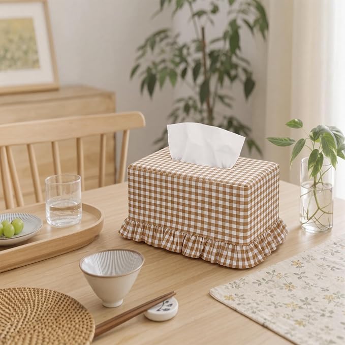 Sawysine Light Brown Check Plaid Fabric Tissue Box Cover Farmhouse Ruffled Rectangular Napkin Holder Warm Fall Winter Neutral Rustic Decor for Home Bedroom Living Room Kitchen Log Style Indoor Decor