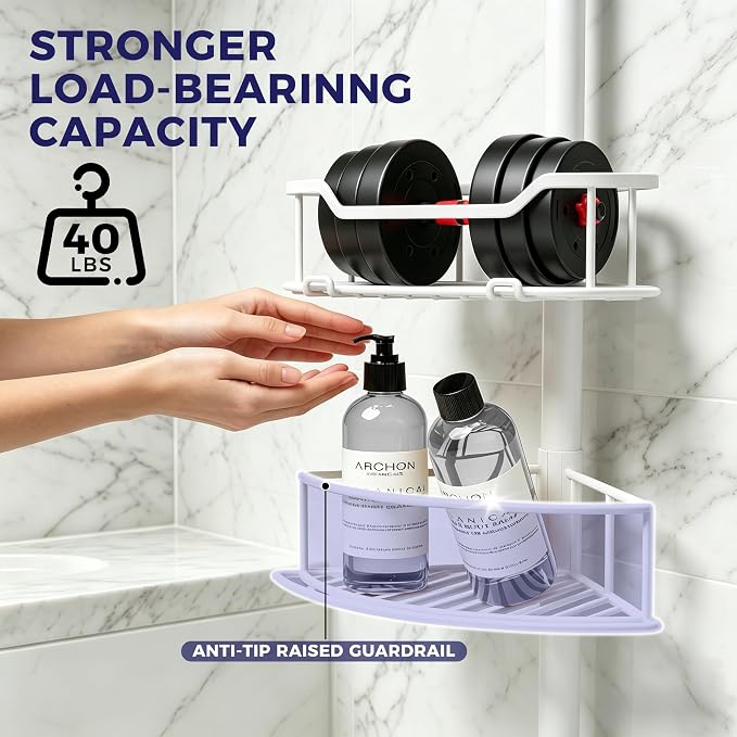 Corner Shower Caddy Tension Pole, 4-Tier Fan-Shaped Adjustable Rustproof Bathroom Organizer Shelves, 47"-125'', No-Drill Quick Installation for Inside Shower, Bathtub, Black (WHITE)