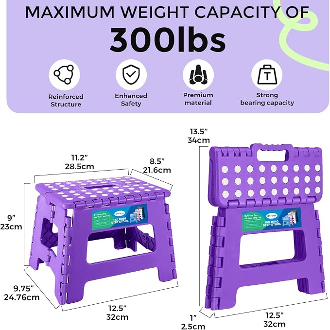 Dyforce Kids Step Stool 9 Inch, 300lbs Folding Step Stool for Toddler | Step stool Purple,Anti-slip Heavy Duty with Handle, Lightweight Foldable Foot Stool for Bathroom Kitchen Bedroom Outdoor