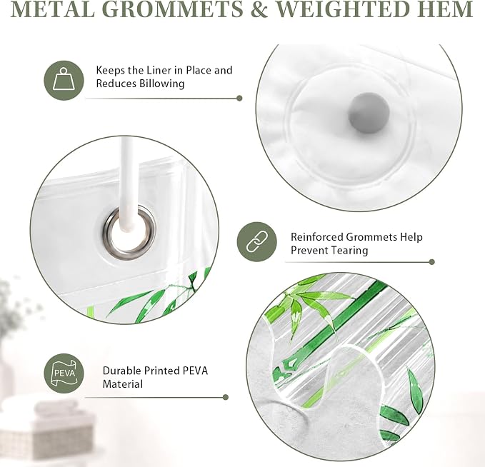 Clear Shower Curtain Liner, Green Botanical PEVA, 72x72 Inch | Nature Plant Waterproof Bath Plastic Shower Curtains Set with 3 Weighted Magnets and 12 Hooks for Bathroom Decor