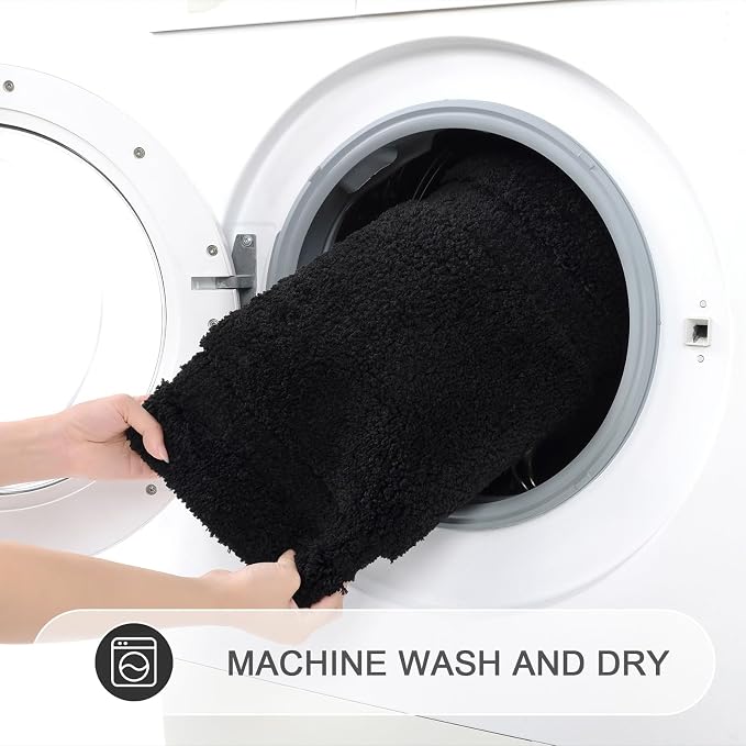 SHACOS Soft Microfiber Bathroom Rugs Set of 2 Pieces, Black | 32x20 + 24x16, Absorbent Plush Bath Rugs, Non Slip Washable Shaggy Bath Mats, Fluffy Bathroom Runner Floor Mats Shower Rug