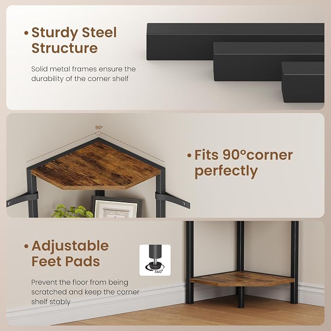 Creso hom Corner Shelf, 3-Tier Industrial Corner Bookshelf with Metal Frame | Multipurpose Corner Display Rack for Living Room Kitchen Bedroom Office Organization and Storage, Rustic Brown