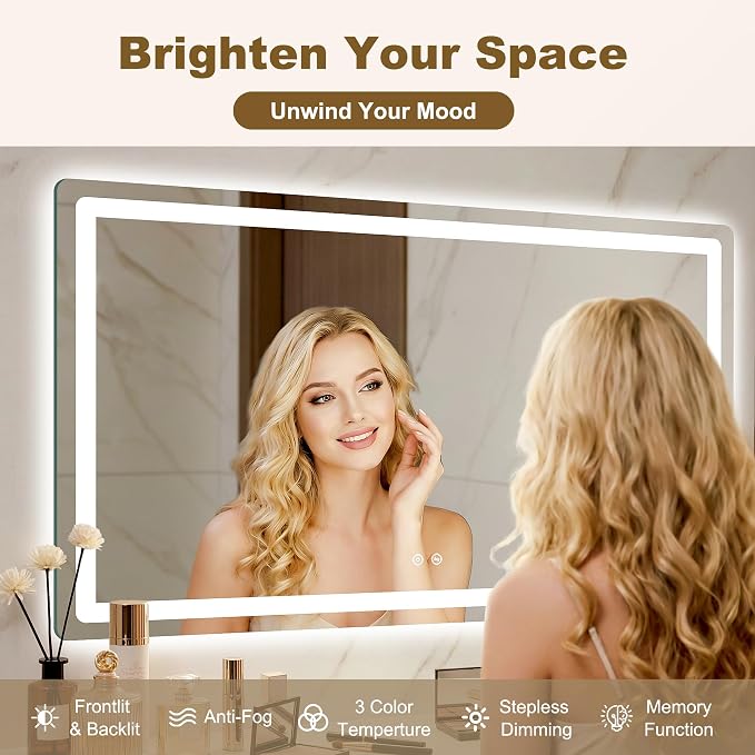 LED Bathroom Mirror with Lights, 30" x 55" Lighted Vanity Mirror | Frontlight+Backlit, 3 Colors Dimmable Brightness, Anti-Fog, Memory Function, Shatterproof Tempered Glass, Horizontal/Vertical