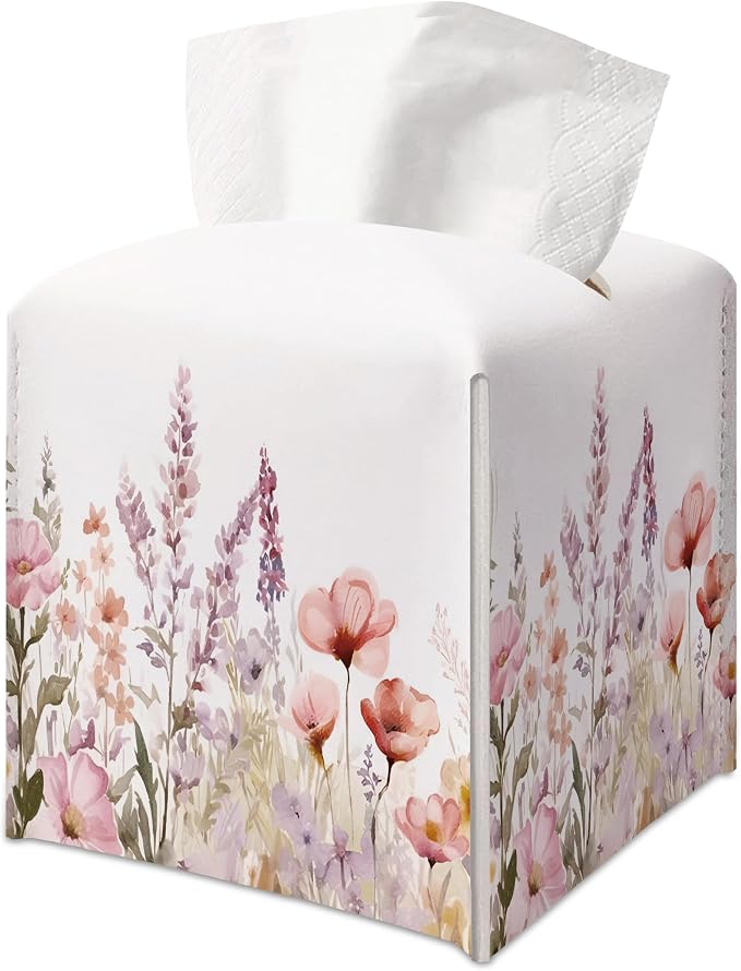 Spring Watercolor Flower Square Faux Leather Tissue Box Cover | Floral Tissue Holder, Spring Accessories, for Bathroom, Car, Office Desk, 5.3x5.3x5.3