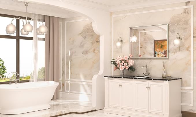 Brushed Nickel Bathroom Mirror 40 x 30 Inch Beveled Frame Vanity Mirror, Tempered Glass, Shatterproof, for Modern Bedroom, Entryway, Living Room