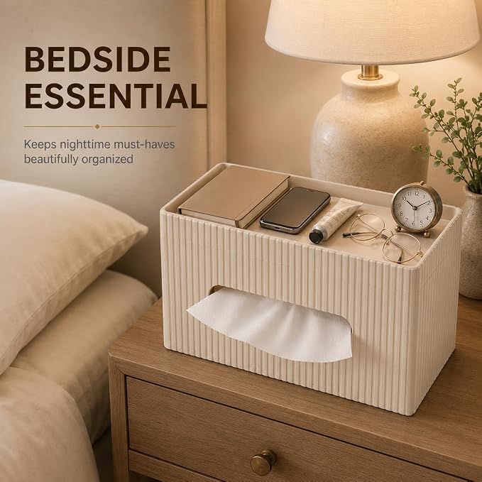 Ribbed PU Leather Tissue Box Cover with Storage Tray, Rectangular Facial Tissue Holder for Bathroom Vanity, Nightstand & Office Desk, Modern Decorative Tissue Dispenser (Warm Beige)