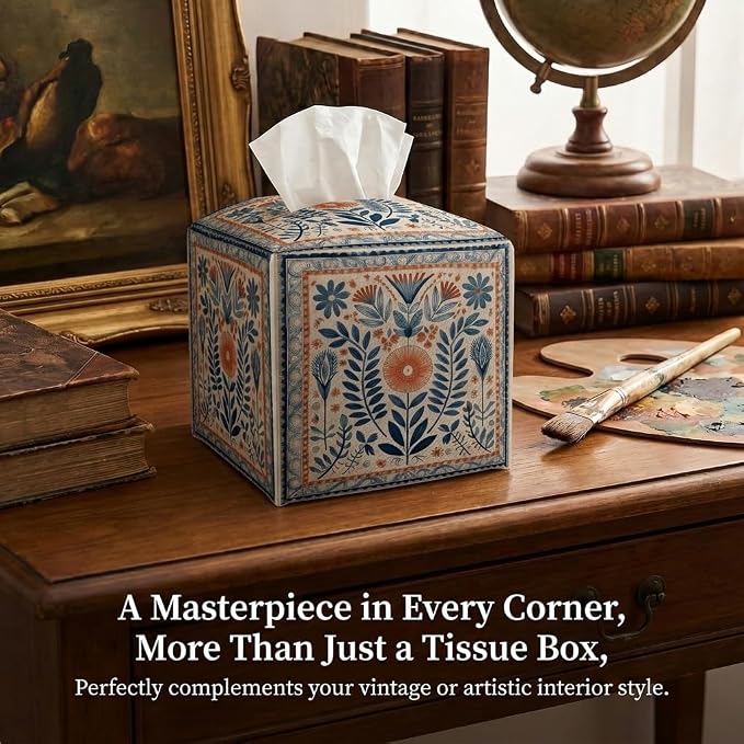 Tissue Box Cover Holder Square - Vintage Boho PU Leather Decorative Organizer, Ethnic Carpet Pattern Design Inspired, with Bottom Belt for Bathroom Car Office Tabletop Home, 5x5 Inch (Blue&Orange)