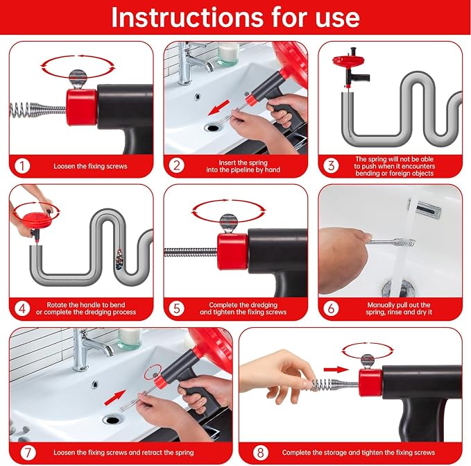 Drain Snake Hair Drain Clog Remover 30 Feet Flexible Drain Auger Tool | Cleaning Brush for Kitchen, Bathroom and Shower Sink with Gloves Use Manually or Powered