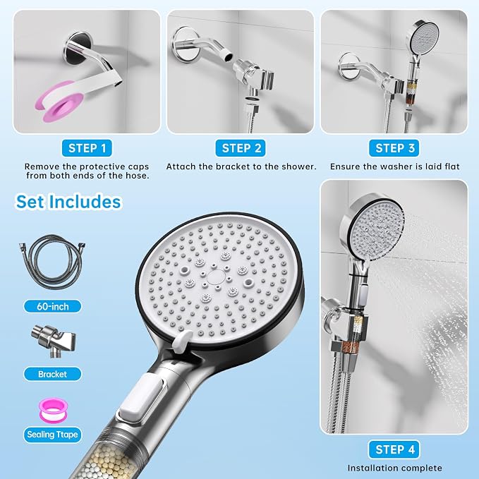 Filtered Shower Head with Handheld, 6-Spray High Pressure Shower Head to to Reduce Dry Itchy Skin, Handheld Shower Head Set Includes 60" Hose & Adjustable Bracket