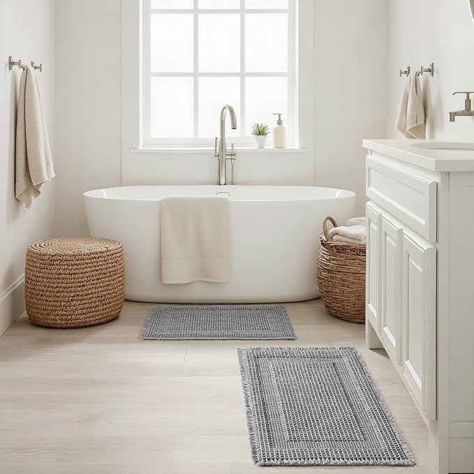 MIULEE Set of 2 Waffle Bathroom Rugs Light Grey Boho Bath Mat 17x24+18x30 | Looped Design, Super Absorbent, Non Slip, Washable, Ultra Soft, Rubber Backed, Bathroom Mats for Floor Tub Shower
