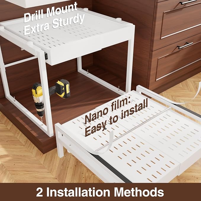 2-Tier Expandable Pull Out Cabinet Organizer, Heavy Duty Adjustable Width Metal Slide Out Shelf, No Screw Cabinet Storage Rack for Kitchen Bathroom 17in Depth Cabinet（White）