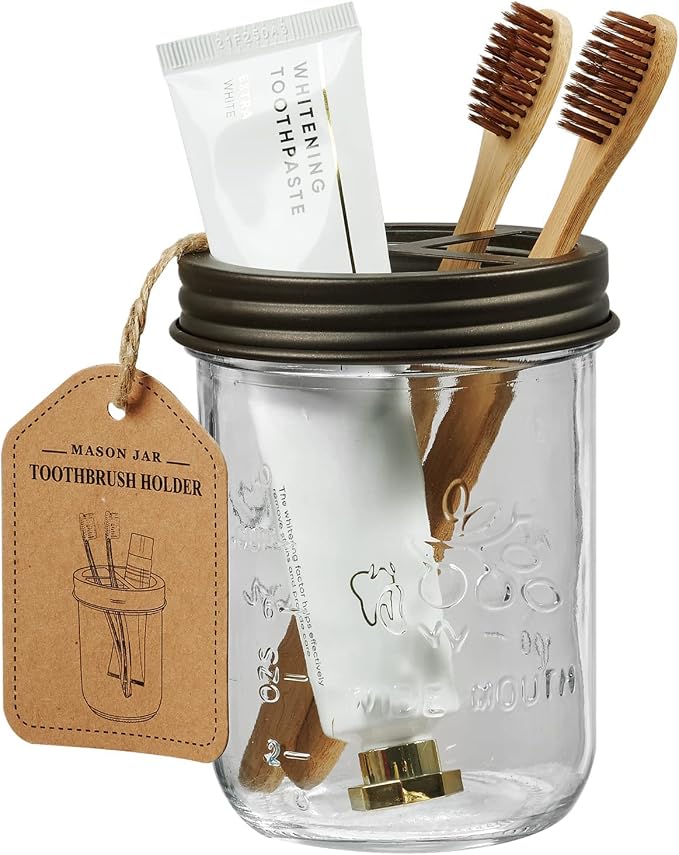 Amolliar Mason Jar Toothbrush Holder, Rustproof Stainless Steel, Bronze | Toothbrushes and Toothpaste Holder with Chalkboard Labels - Farmhouse Décor Bathroom Countertop and Vanity Storage Organizer