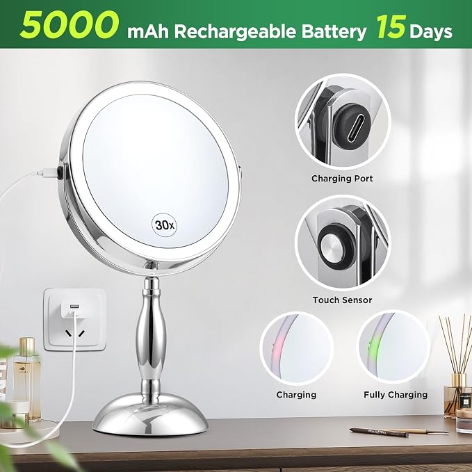 30x Magnifying Mirror, Chrome Lighted Makeup Mirror with 3 Colors Modes | Adjustable Brightness, 5000mAh Rechargeable, 360° Rotation Double Side, Large Magnifying Vanity Mirror, Gifts for Women