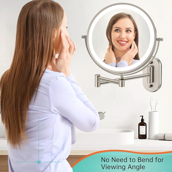 5000mAh Rechargeable Wall Mounted Lighted Makeup Vanity Mirror1X/30X Nickel | Double Sided Magnifying Bathroom Mirror, 3 Color Lighting, Touch Screen Dimming, Extended Arm 360 Rotation Shaving Mirror