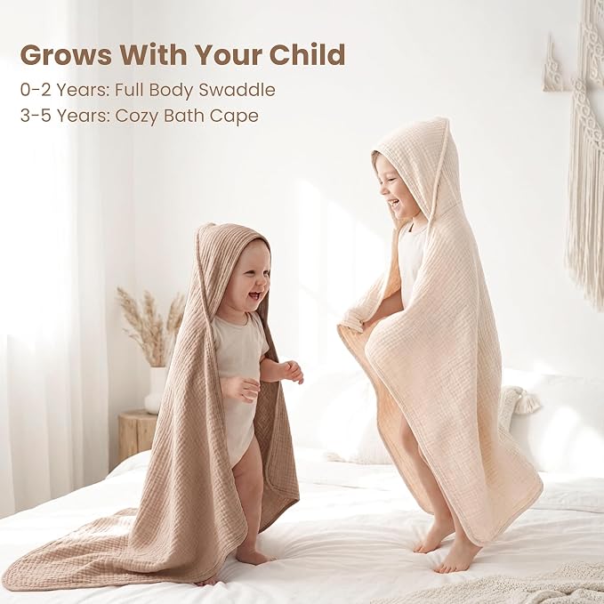 Konssy 2-Pack Muslin Hooded Baby Towels, Bath Towel for Newborns, Toddlers | 32 x 32 In, Ultra-Soft & Absorbent, 100% Cotton Bath Towels Set With Hood for Infants, Boys and Girls (Cream, Camel)
