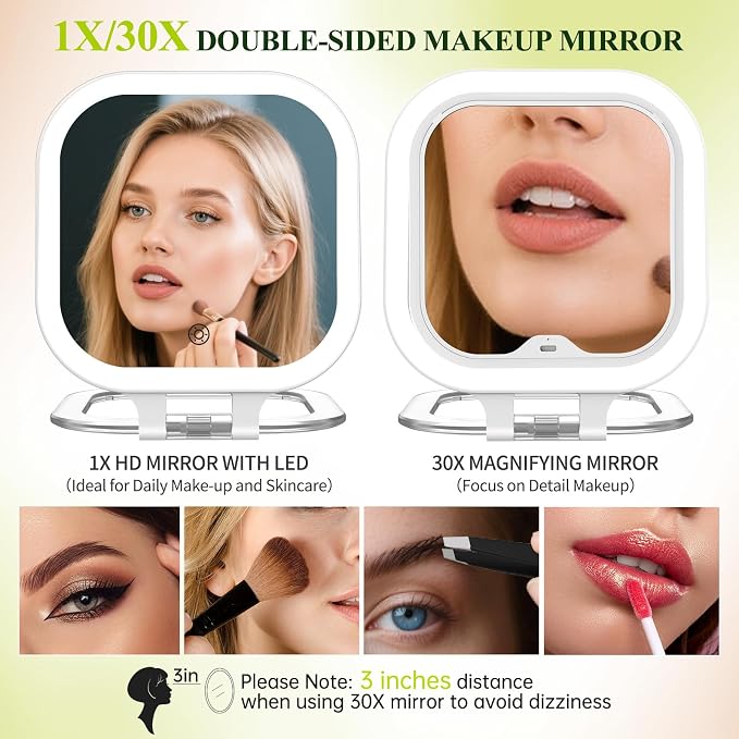 FUNTOUCH Rechargeable 7" Travel Makeup Mirror 30X Magnification,White | Double Sided Magnifying Mirror with Tweezers/Hook/Bag, 3 Color Lights & Adjustable Brightness, 300°Rotation , Gift for Women