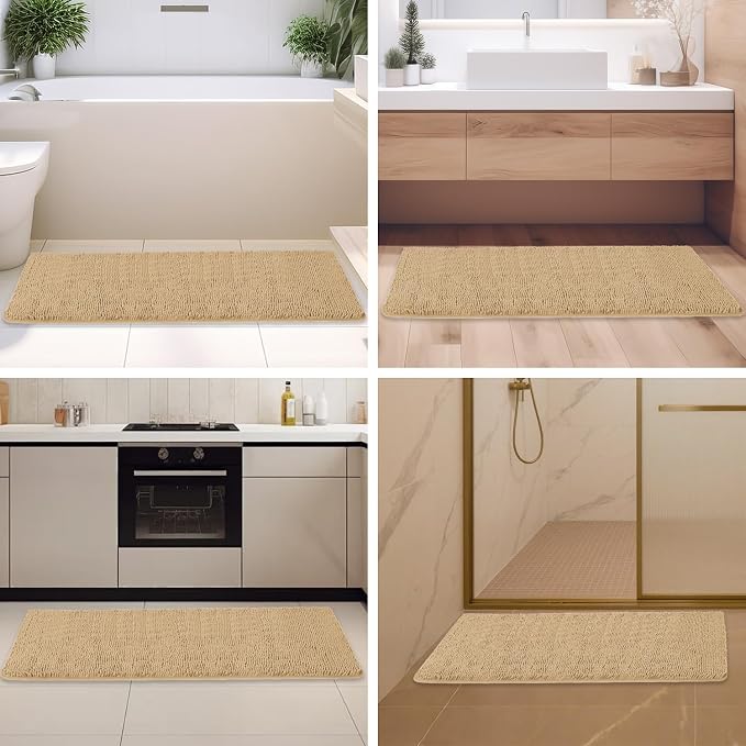 Beige Bathroom Rugs – Absorbent and Washable Bath Mat, Non-Slip, Thick Soft Chenille Bath Rugs for Bathroom Floor, Shower, Sink - 26" x 44"