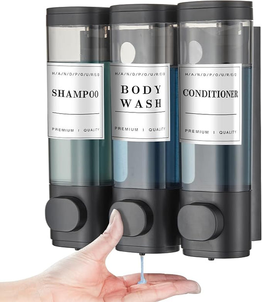 3 Chamber Wall-Mounted Shampoo and Conditioner Dispenser for Shower - No Drill, Large Capacity Soap Dispenser for Bathroom and Hotel, Black